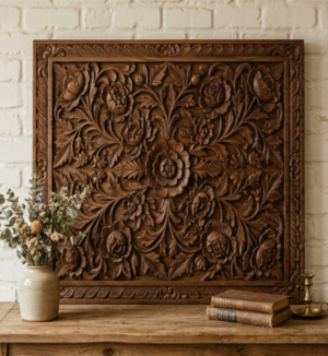 Hand-Carved Wooden Wall Panel (Floral Design)